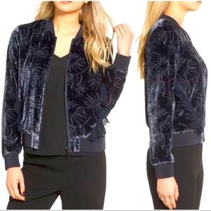 Olivia Palermo Chelsea28 Womens Sz L Blue Velvet Burnout Full Zip Bomber Jacket